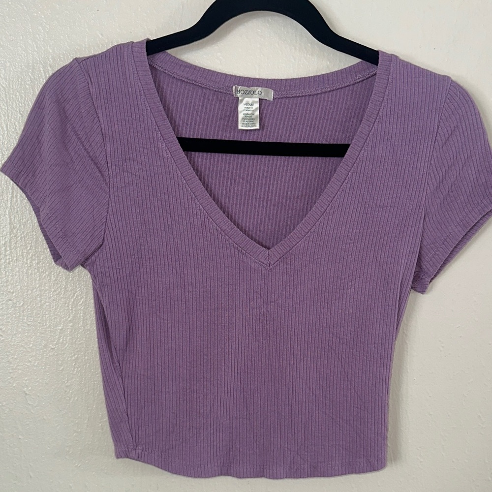 Bozzolo Purple V-Neck Ribbed Crop Top - Picture 5 of 6